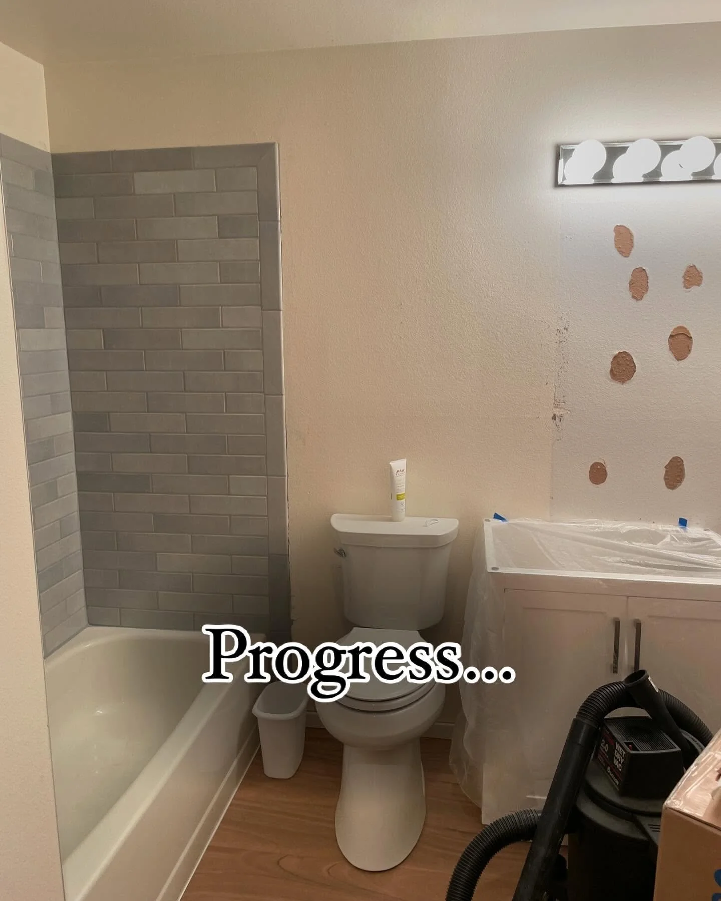 Our Lake Washington Project is coming along! Here&rsquo;s a peek at the progress in the basement bathroom. Glad to have that sliding shower door gone!!
