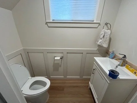 This powder bath is ready for some personality! Painted millwork and wallpaper coming&hellip;which combo would you choose?

#powderbathroom; #wallpaperdecor; #wainscoting; #traditionaldesigns