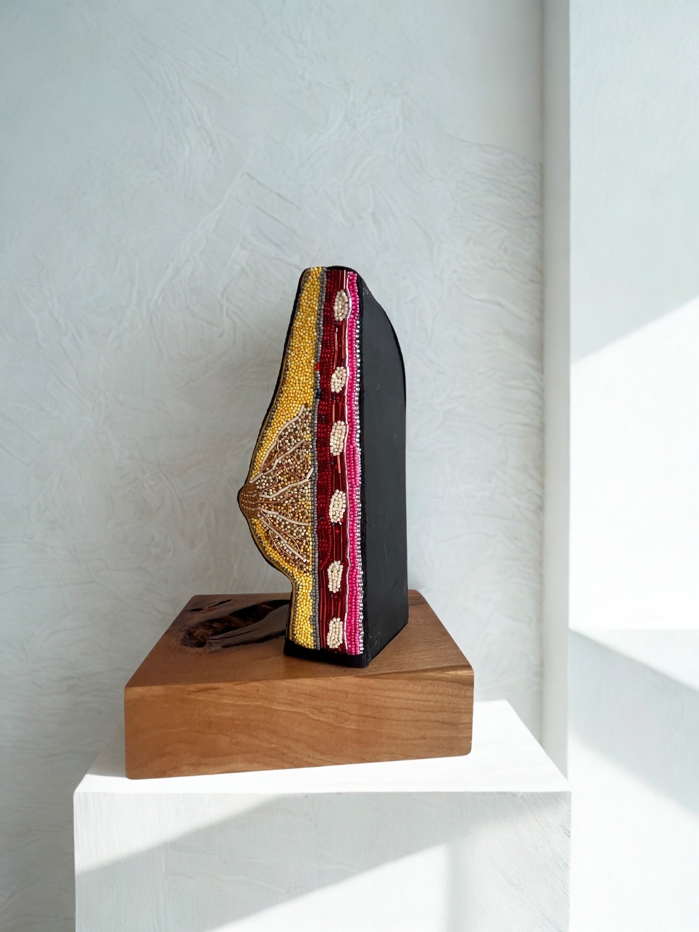 How does this piece change the way you view a breast? 

Contour &amp; Core explores the intimate architecture of the breast through a sculptural cross-section and beaded mapping of its internal anatomy. One side is clean and dark, a silhouette of ext