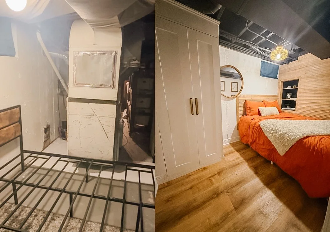 Before and after of a full basement flex room build by Lindsey Lauten — transformed from unfinished space with exposed walls and pipes to a fully finished modern bedroom with hardwood flooring, custom wardrobe and designer finishes in the Chicago are