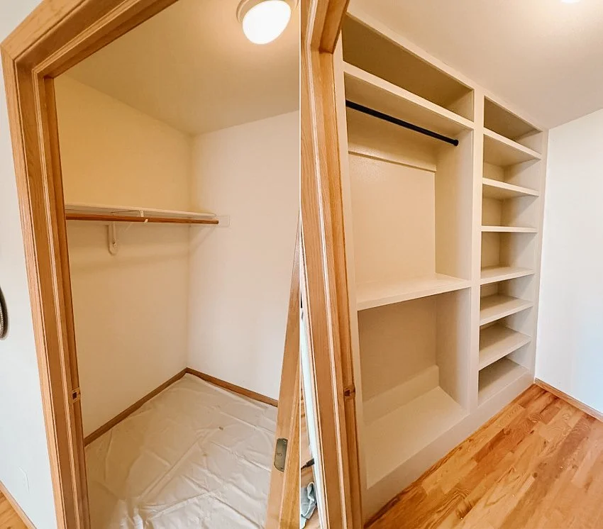 Before and after of a custom built-in closet build by Lindsey Lauten — transformed from bare wire shelving to fully custom built-in shelves, hanging rod and hardwood flooring in the Chicago area.
