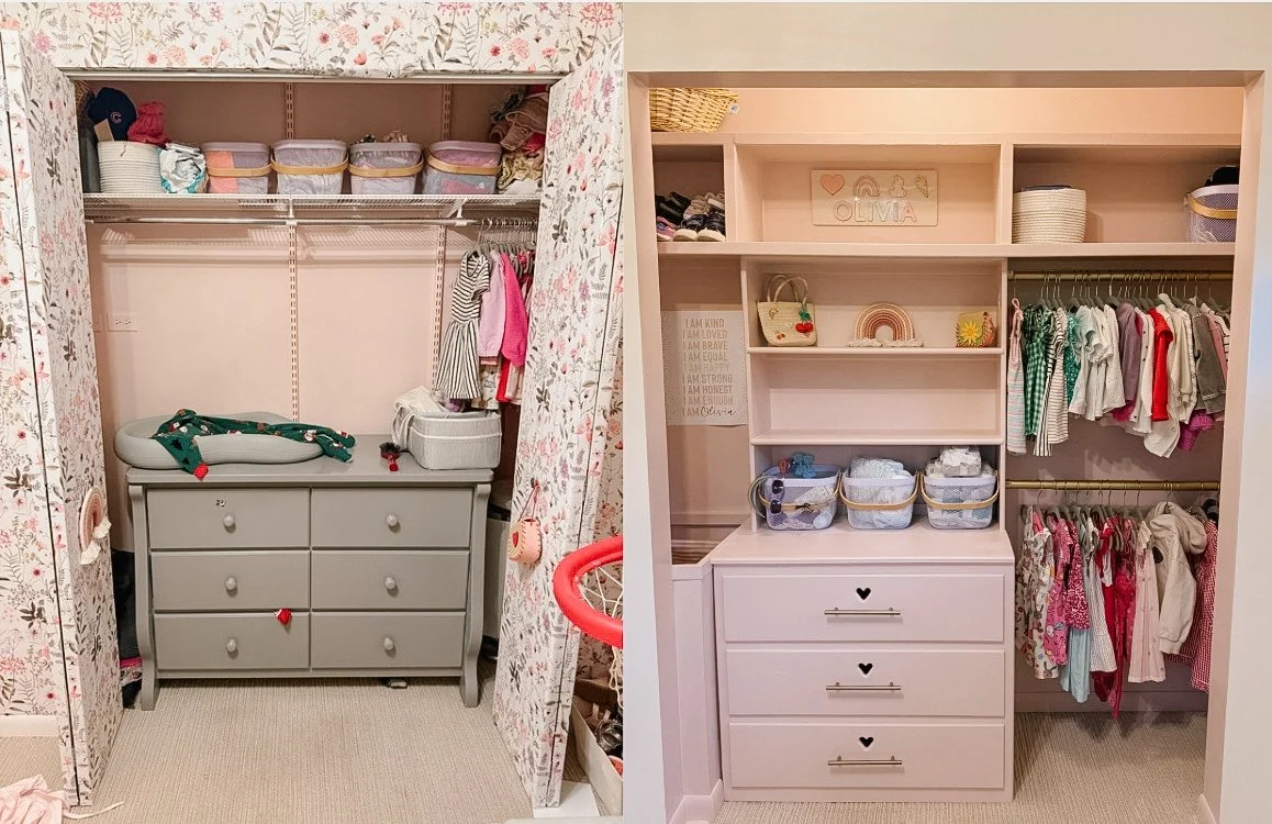 Before and after of a custom children's closet build — transformed from cluttered and disorganized to a fully organized pink and white closet with custom shelving, baskets and hanging space.