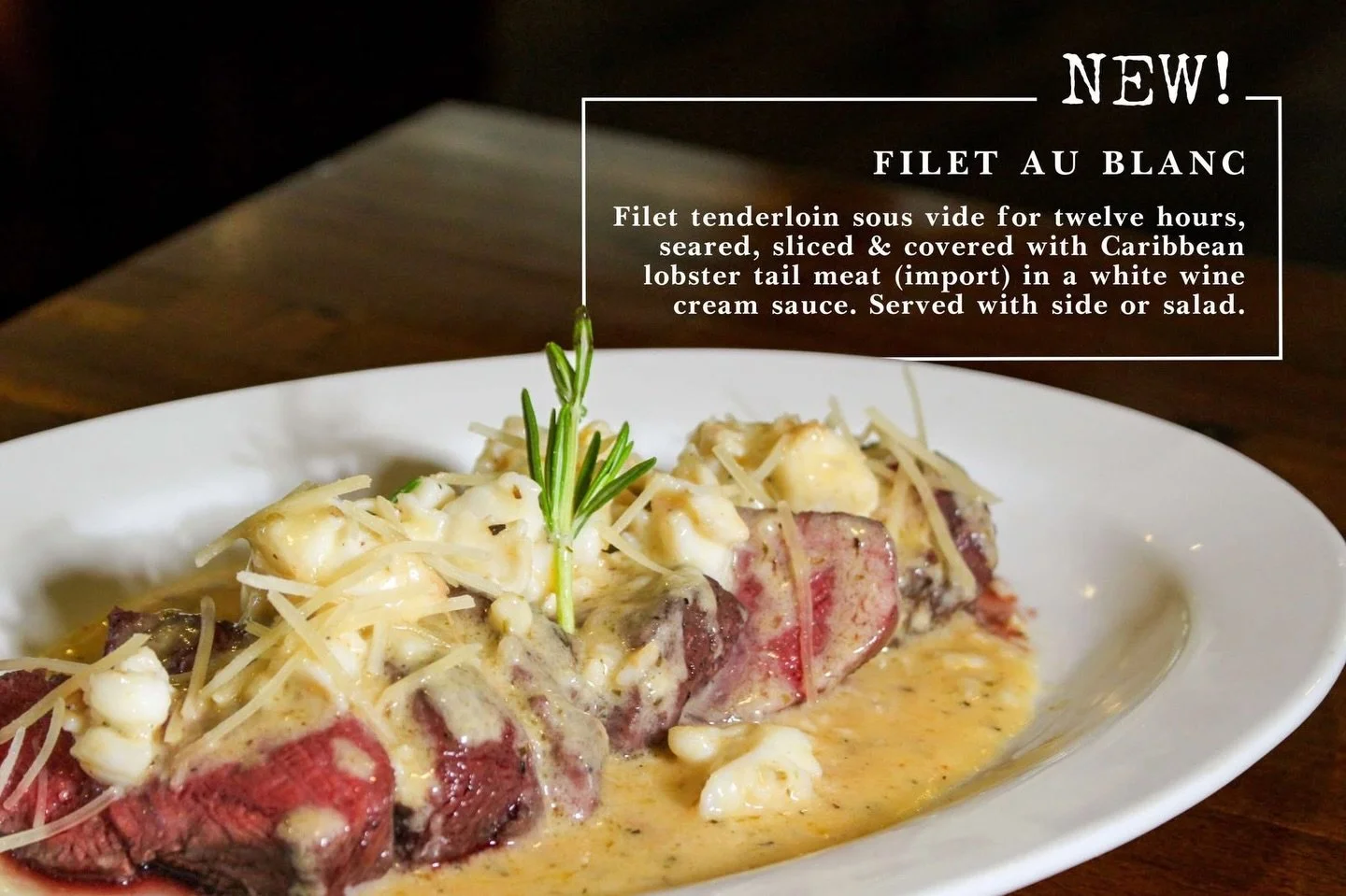NEW at Rack House! ⭐🥩
Twelve-hour sous vide filet, perfectly seared and finished with Caribbean lobster tail in a decadent white wine cream sauce. Served with your favorite side or salad. A MASTERPIECE. 

Try it today &mdash; reserve your table at r