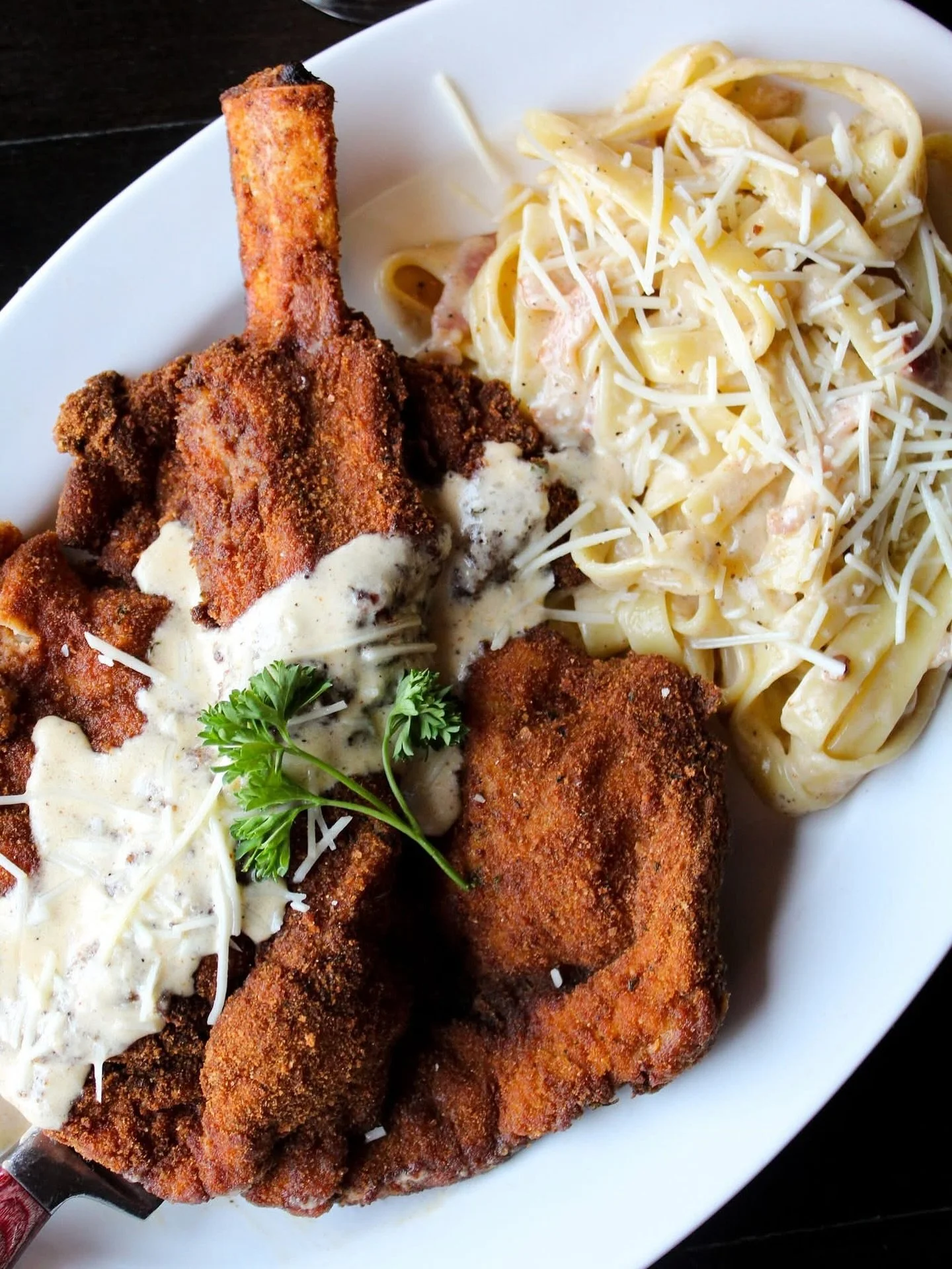 A dish this good is wickedly hard to resist. 🥩👻
Our Veal Carbonara features a center-cut veal rib chop, fried golden, served over house-made pasta Carbonara.

Here for a limited time! Reserve your table at rackhousesteaks.com.