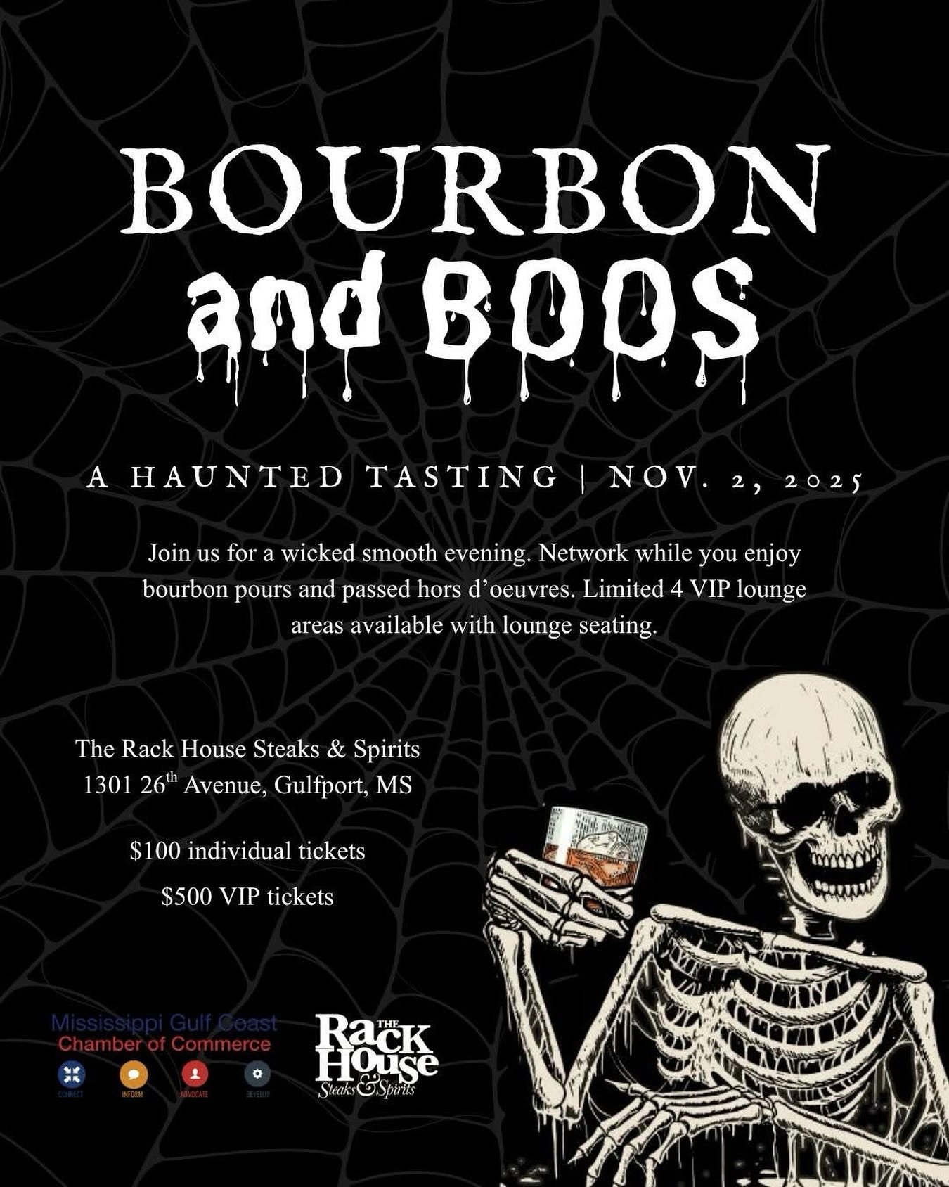 Join us for a hauntingly good evening of good bourbon and great company. 🥃👻

We&rsquo;re so excited to host Bourbon &amp; Boos with the Mississippi Gulf Coast Chamber of Commerce &mdash; where networking meets some of our favorite pours.

📅 Sunday