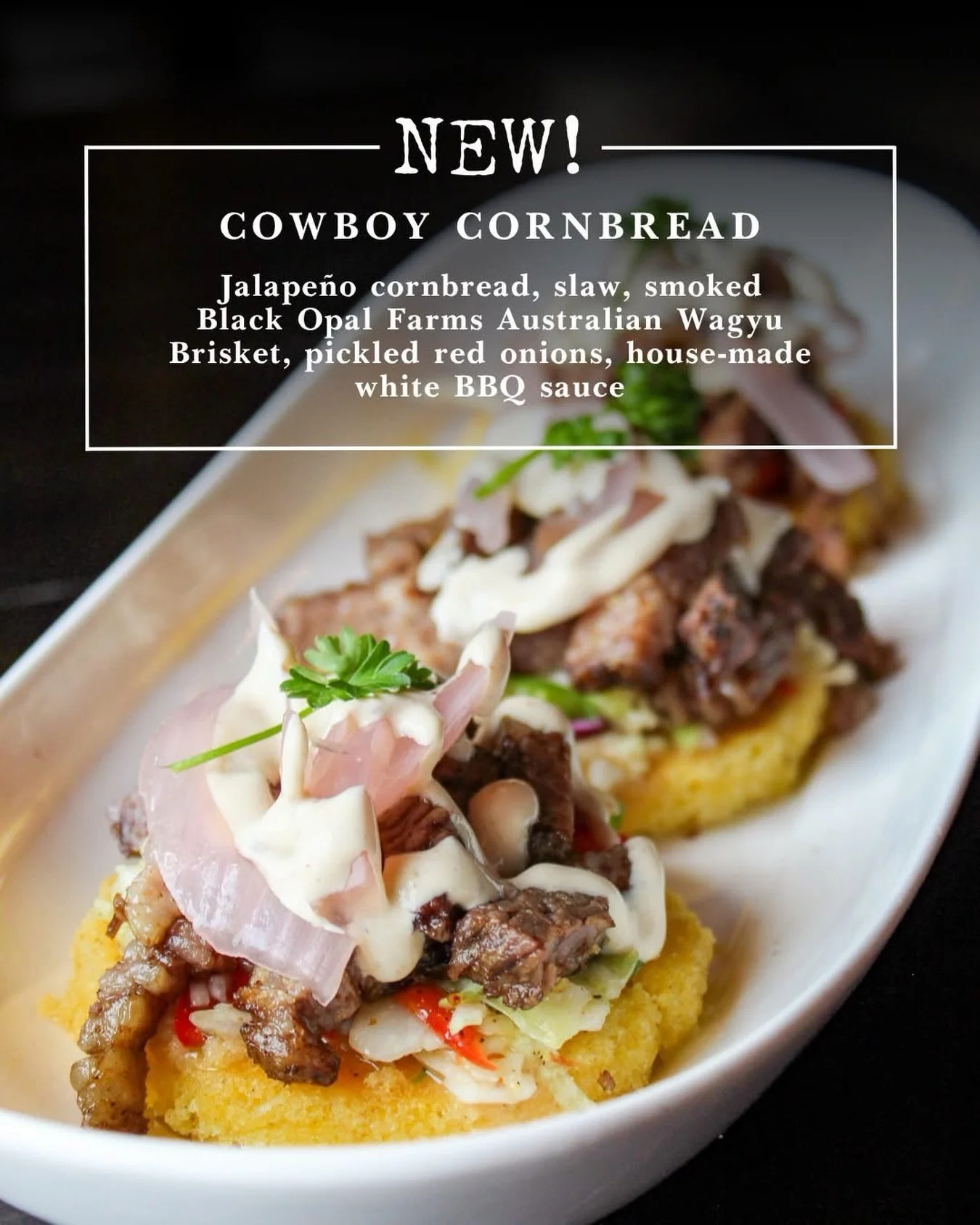 Saddle up, y&rsquo;all! Our Cowboy Cornbread is BACK for a good time but not a long time! Available only at The Rack House for a limited time. 🔥

🌽 Jalape&ntilde;o cornbread stacked with slaw, smoked Australian Wagyu brisket, pickled onions, and dr