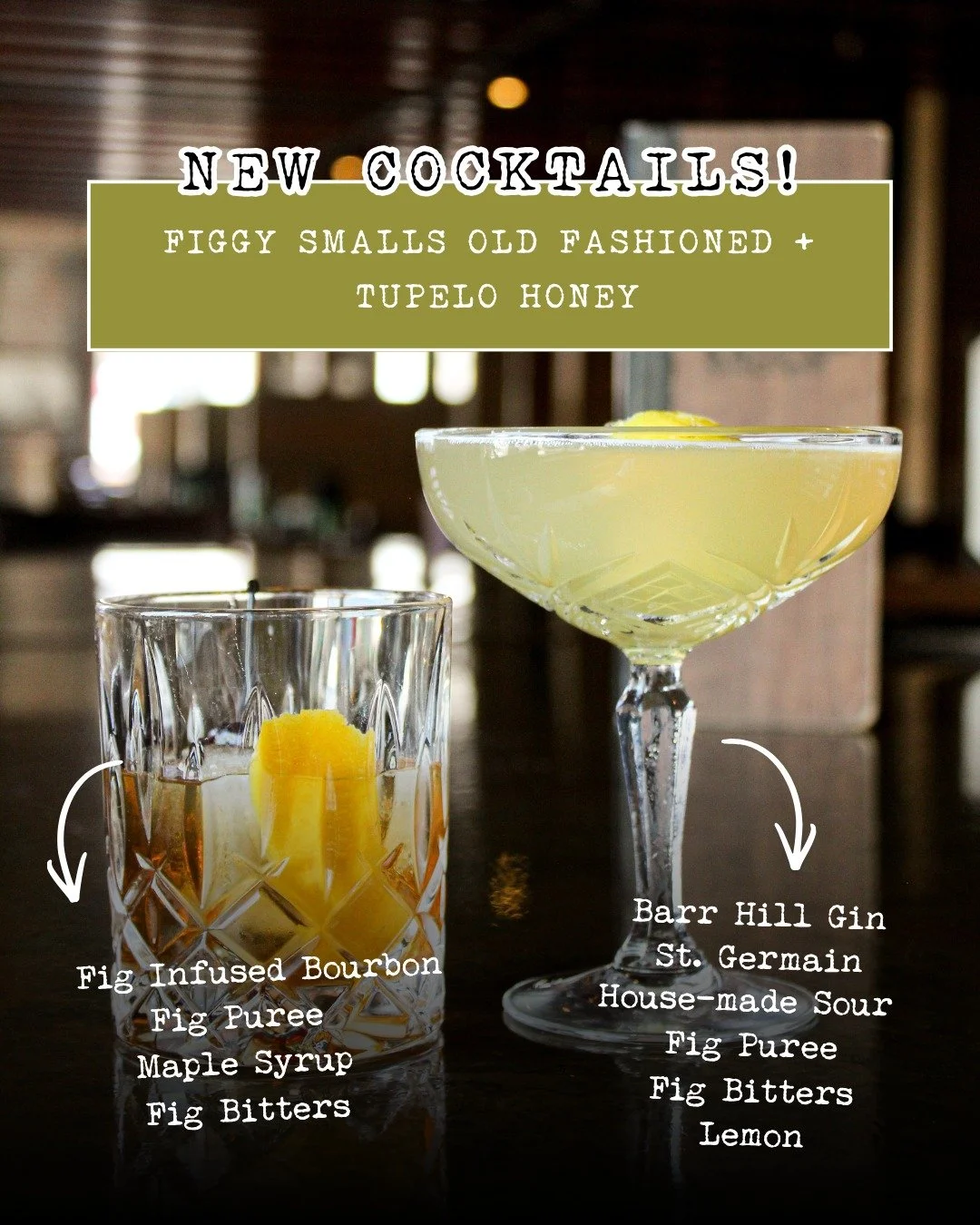 Two brand-new seasonal cocktails have officially landed at the Rack House! 

🥃 Figgy Smalls Old Fashioned &mdash; fig-infused bourbon, fig pur&eacute;e, maple simple &amp; fig bitters
🍸 Tupelo Honey &mdash; Barr Hill Gin, house-made sour, fig pur&e