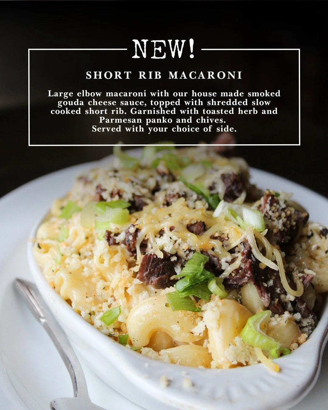 Comfort food season is officially here. 🤎

Our NEW Short Rib Macaroni starts with large elbow macaroni tossed in house-made smoked Gouda cheese sauce, piled with slow-cooked short rib and finished with toasted herb &amp; Parmesan panko.

Rich, chees