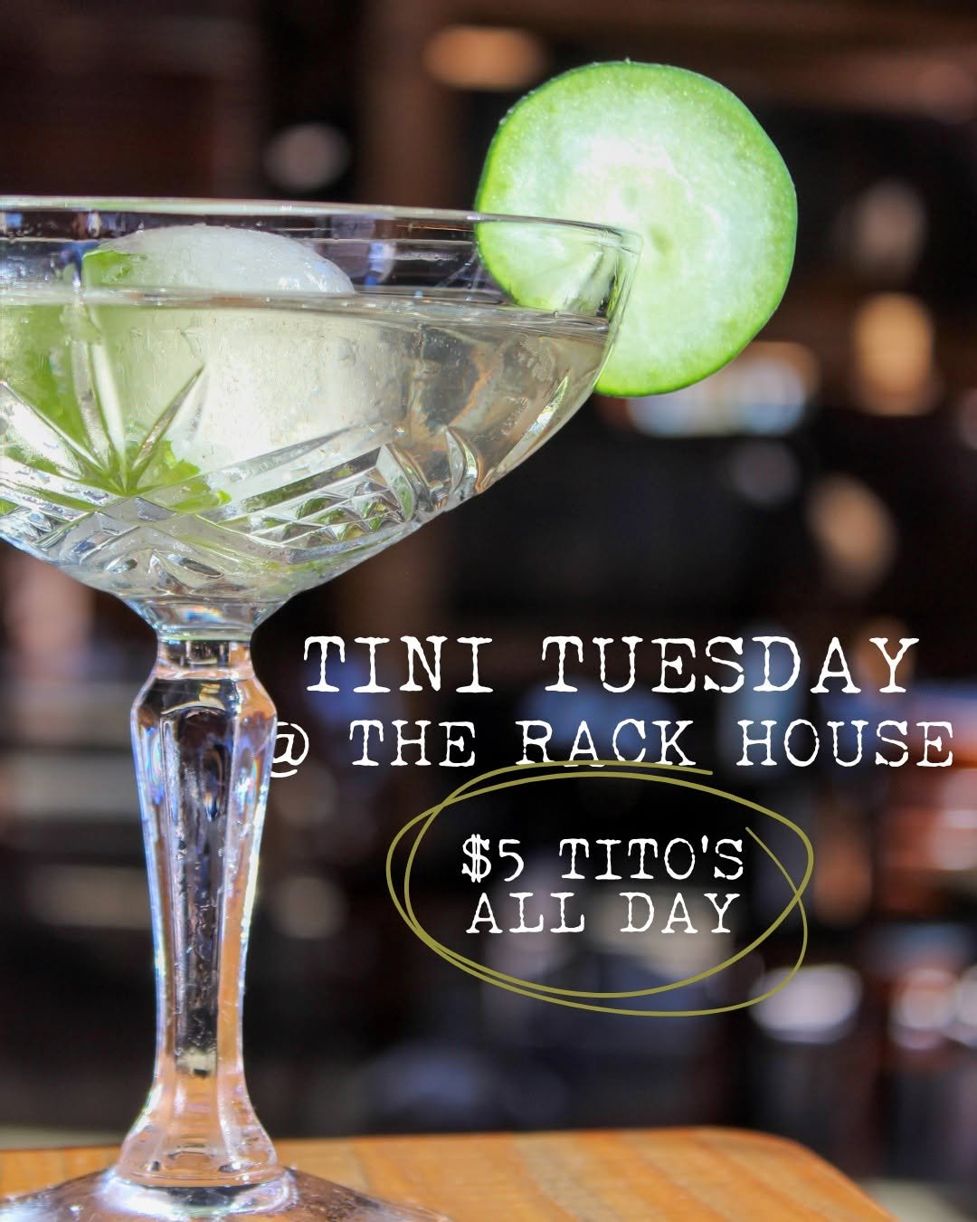 It&rsquo;s Tini Tuesday at Rack House! 🍸

Enjoy $5 Tito&rsquo;s Blueberry Lemon Drops, Cosmopolitans, or any Tito&rsquo;s single pour made your way.