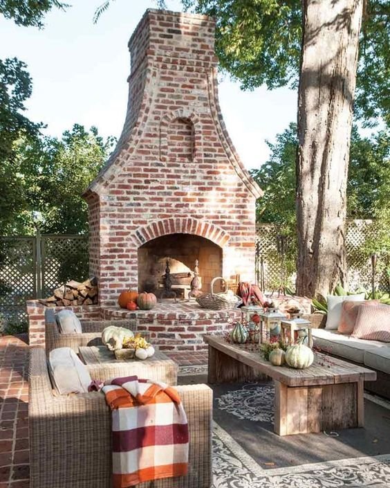 Classic Brick Fireplace is focal point of outdoor seating area