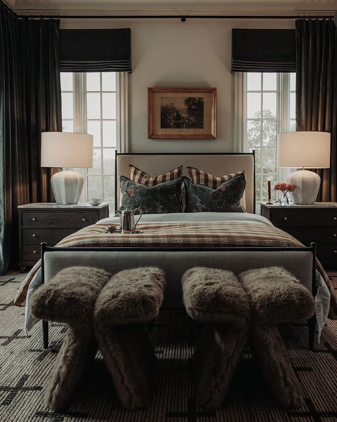 Symmetrical Luxury Master Bedroom with Bench Seating