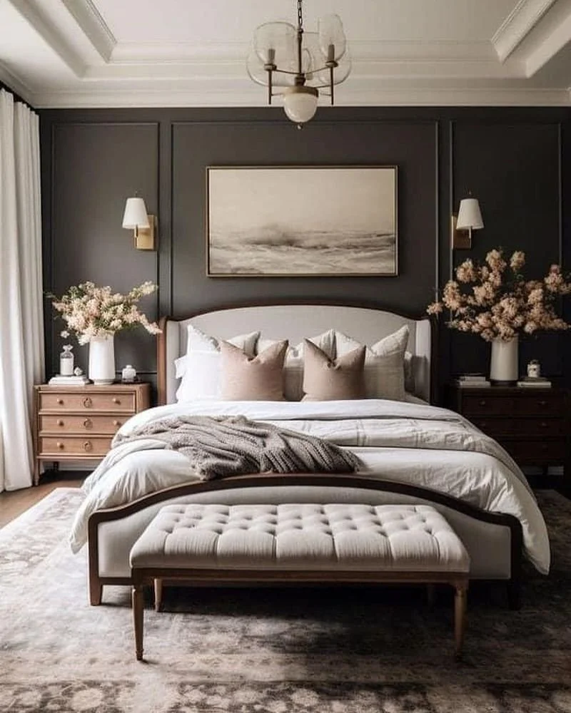 Elegant Luxury Master Bedroom with Dark Accent Wall