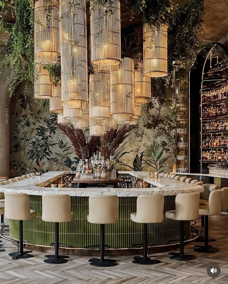 Commercial Bar Space with Drop Pendants and Green Tiled Bar