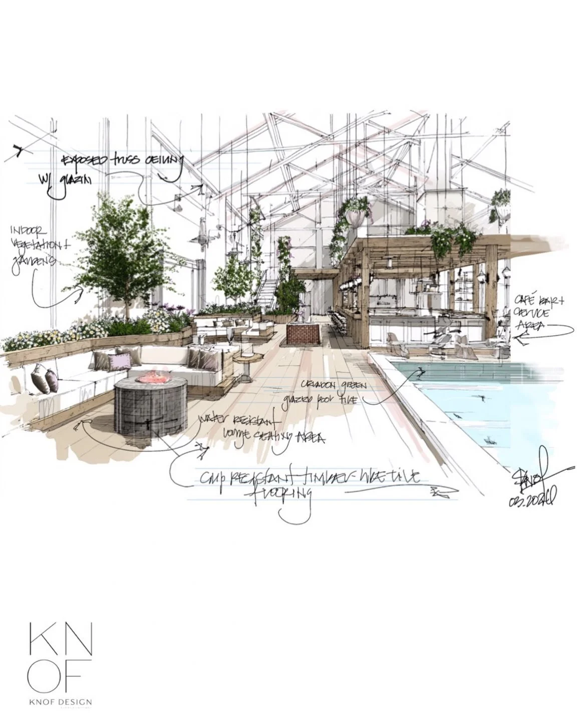 SUNDAY SKETCH ✍🏼 | Conceptual Sketch of Eco members club and Caf&eacute;. Mother Nature, daylight ☀️greenery 🌿 and water 💧 just a few natural elements go a long way in healing and restoring. Bringing positive ideas to create a new space. ✨@knofdes