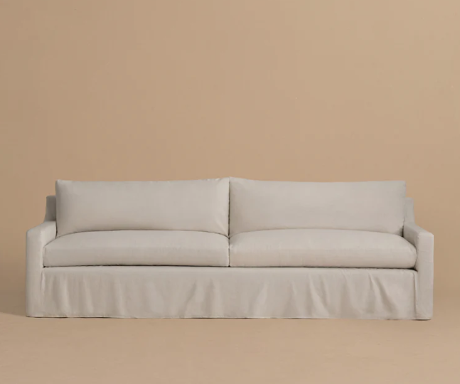 Classic sofa handmade in Los Angeles featuring Libeco linen upholstery crafted in Belgium: 91% linen and 9% nylon slipcover.

Features feather down fill in back cushions and feather down fill with foam core in seat cushions. Seat cushions boast a fir