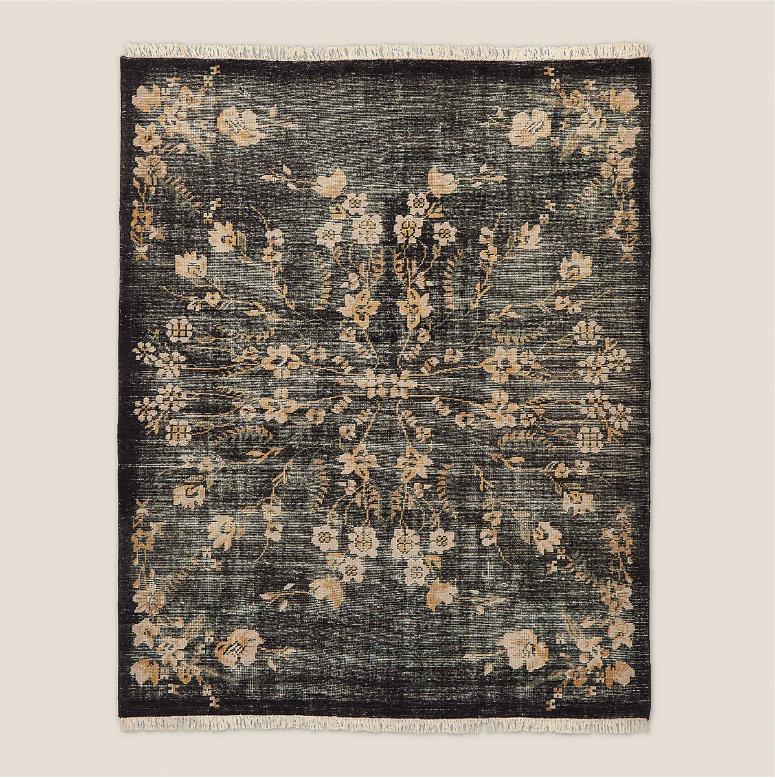 Reproduced from an original fine art print from London-based artist Felix Green, known for his unique take on traditional botanical designs. Hand-knotted from pure New Zealand wool in shades of black with refreshing hints of white, yellow and green. 