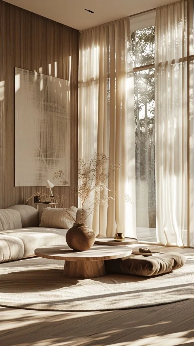 Sunlit contemporary living room with floor-to-ceiling linen curtains, warm wood wall paneling, a curved sofa, round stone coffee table, ceramic vase with dried branches, and a neutral palette of natural materials.