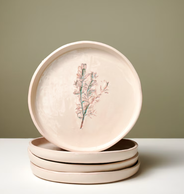 Handmade Leaf Printed Ceramic Plate: Artisanal Tableware Set
