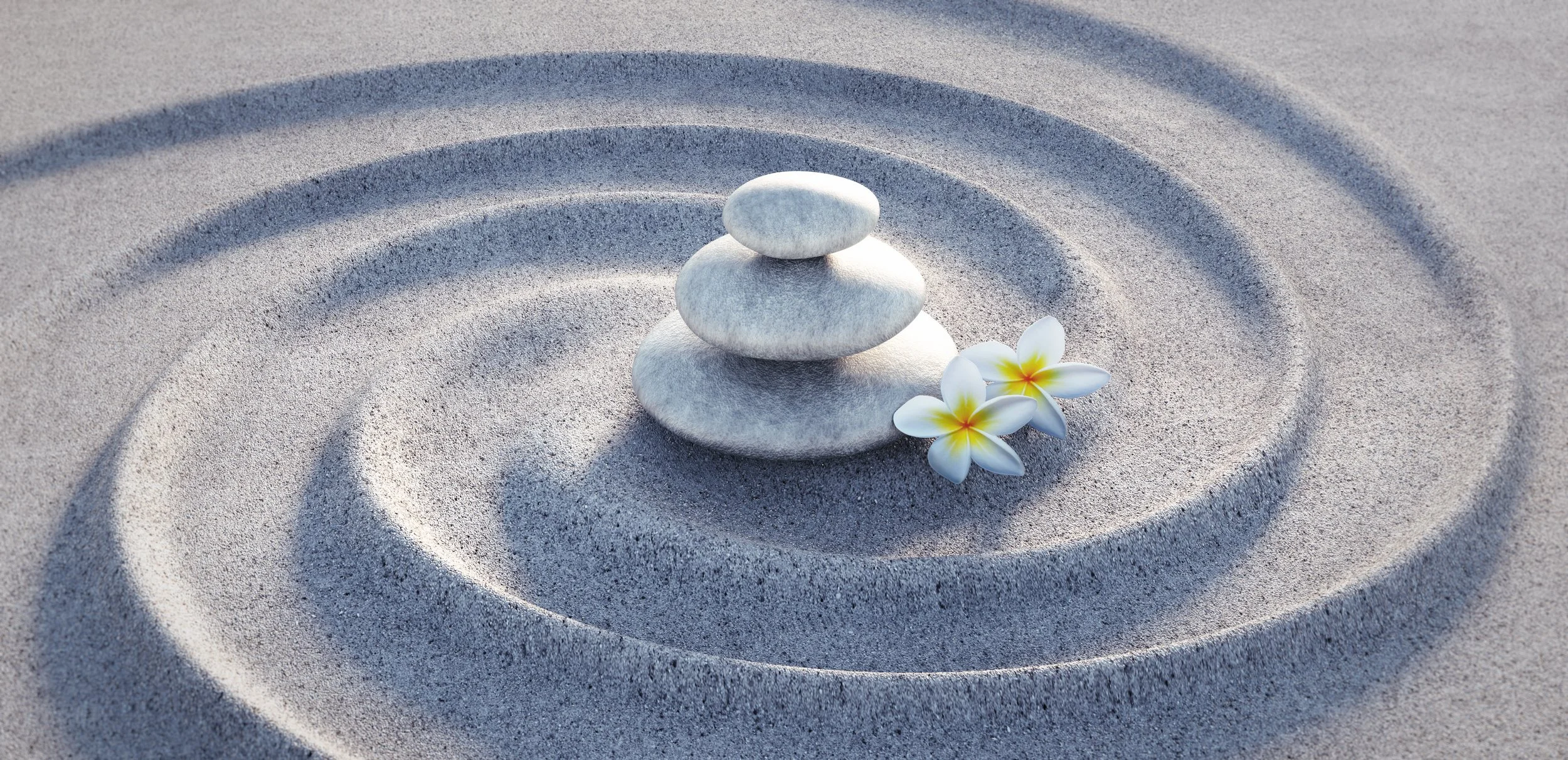 Three stacked gray stones on sand with two white and yellow flowers beside them, forming concentric circles around the stones.