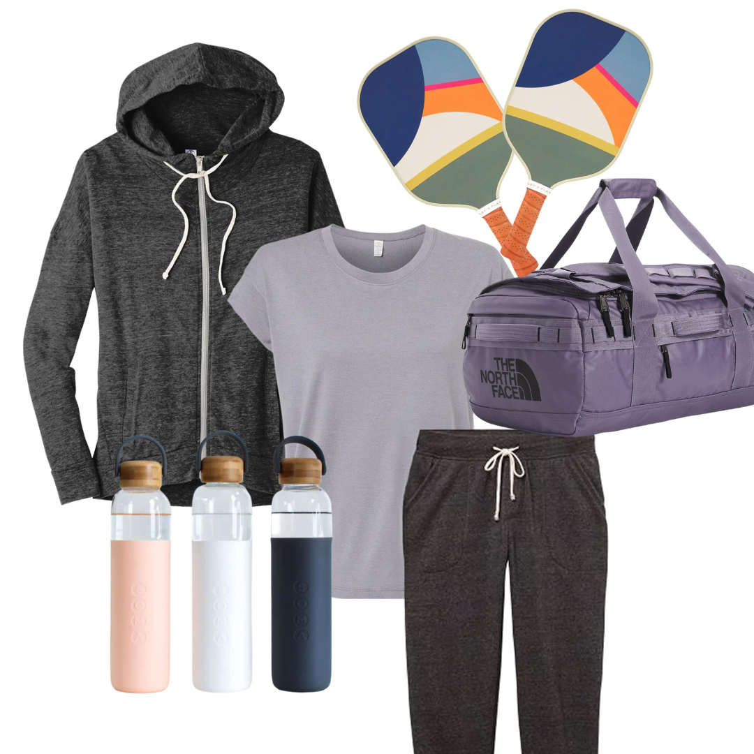 A collection of athletic and outdoor gear including a gray zip-up hoodie, a gray t-shirt, black sweatpants, a purple duffel bag, a pair of colorful paddles, three water bottles, and a purple backpack.