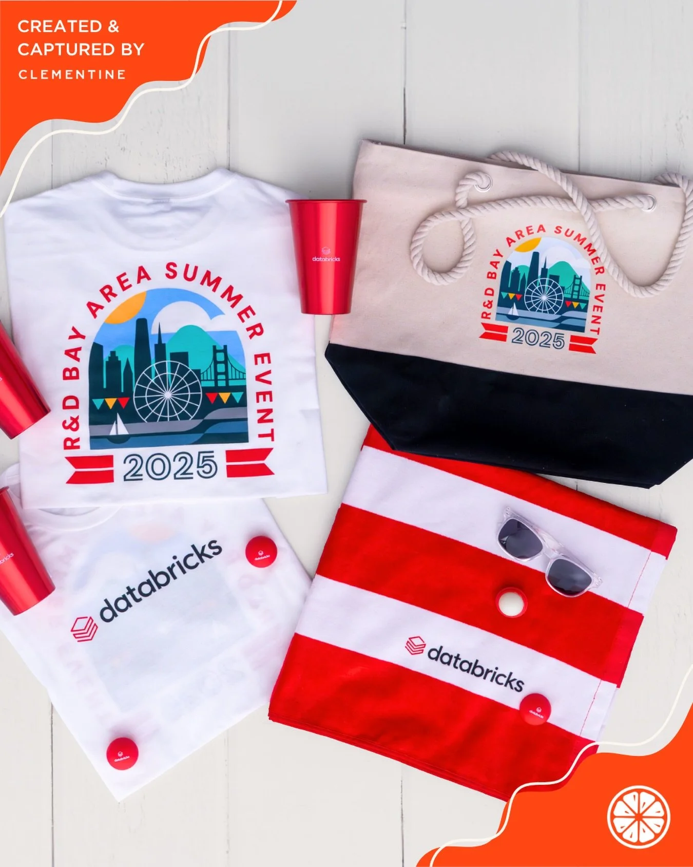 A summer moment brought to life through thoughtful details, custom tees, a carryall tote, a beach ready towel, and cups designed to keep things cool. Each piece was created to feel cohesive, elevated, and true to their brand  From concept to capture,