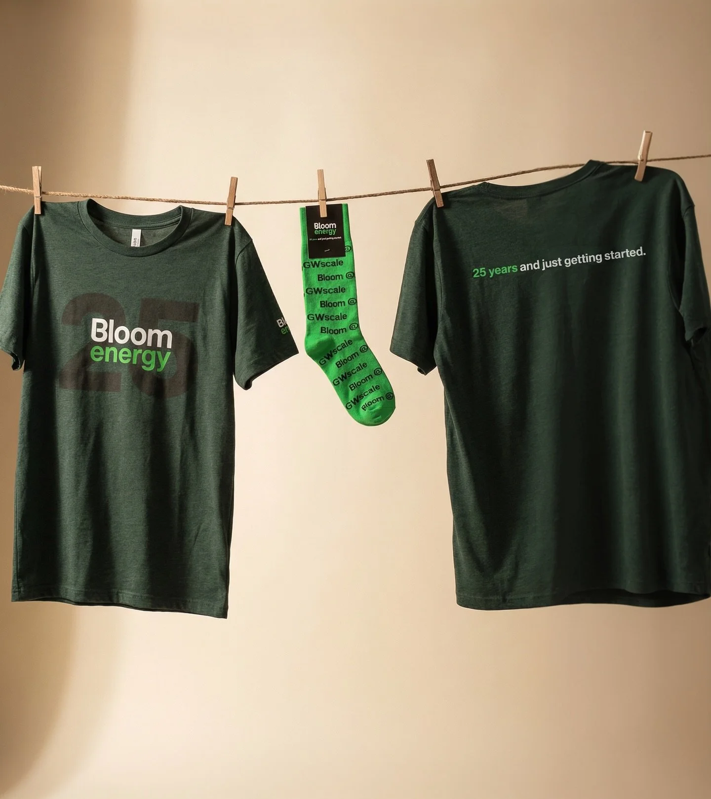 Portfolio spotlight: Bloom Energy. We partnered to create custom apparel pieces including a branded shirt and socks designed to bring their identity into wearable form with a clean, cohesive look. #merchdesign #promotionalproducts #brandidentity