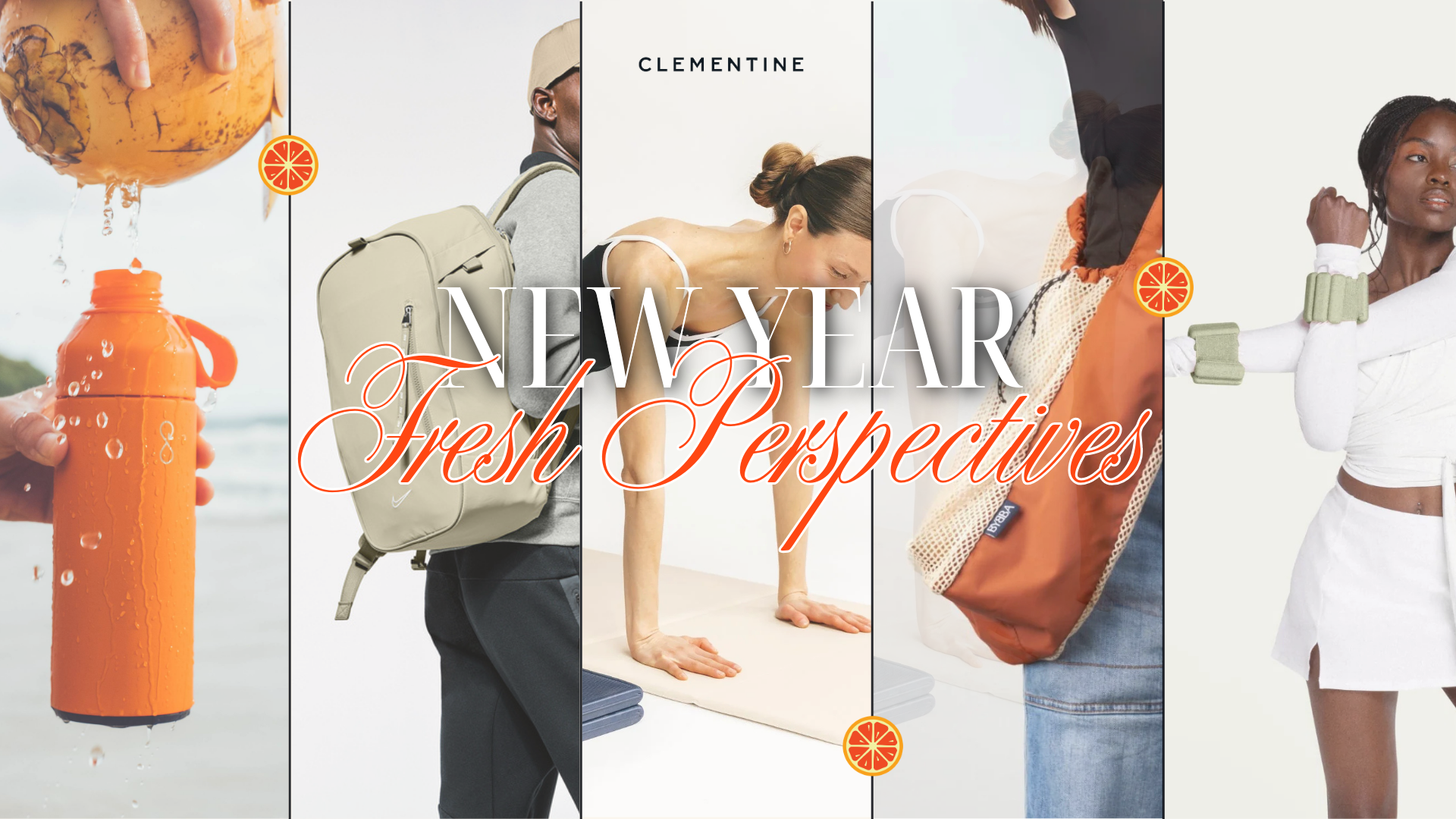 A promotional graphic for New Year with the theme of fresh perspectives. The image features a sequence of five sections depicting different scenes: a person opening a water bottle outdoors, a man with a backpack, a woman doing yoga, another person with a backpack, and a woman in a white outfit. The text overlay reads "New Year" with "Fresh Perspectives" in cursive.