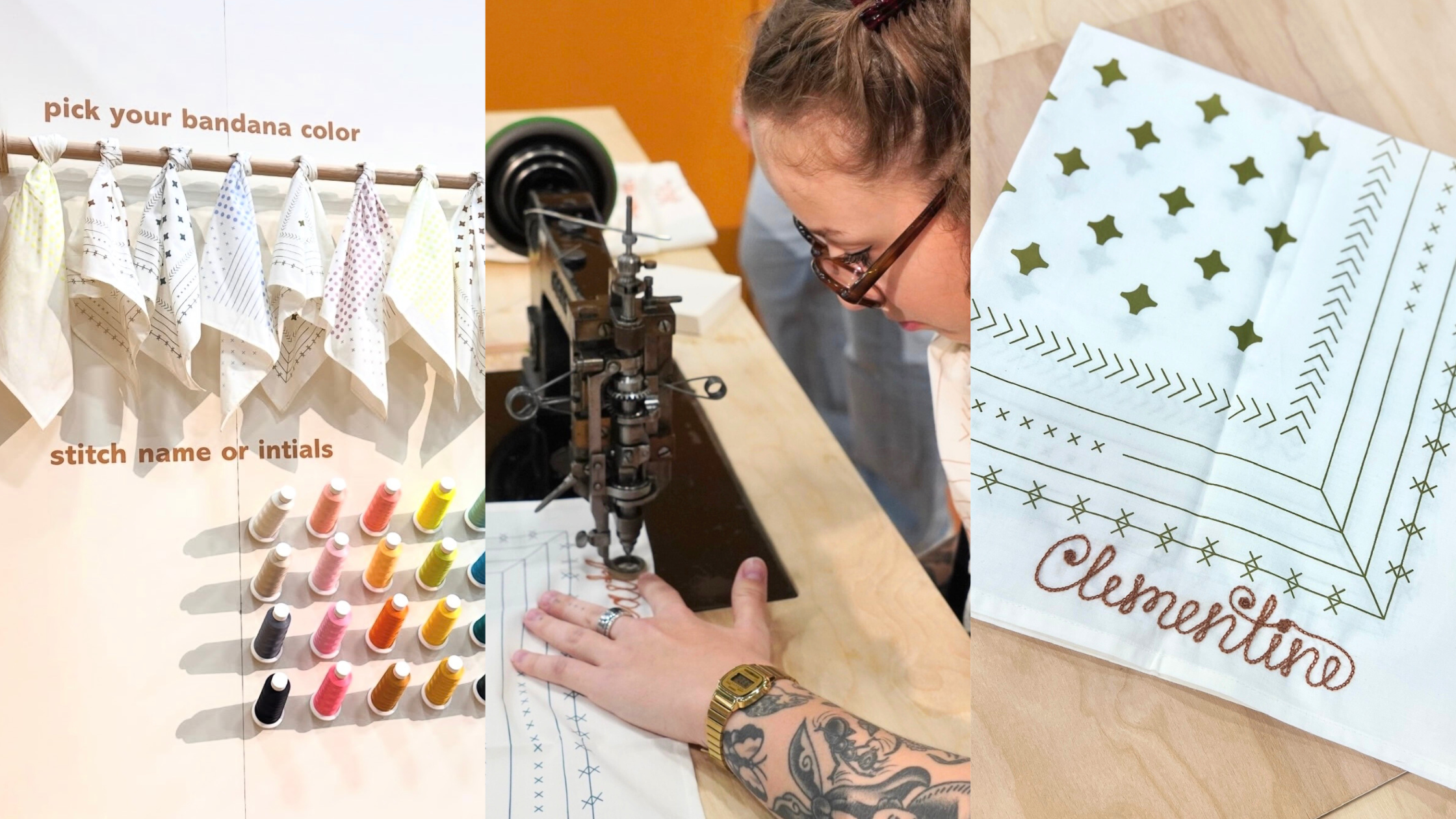 Chain stitching bandanas and the Clementine logo