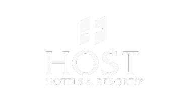 Logo for HOST Hotels & Resorts with white text and icon on a black background