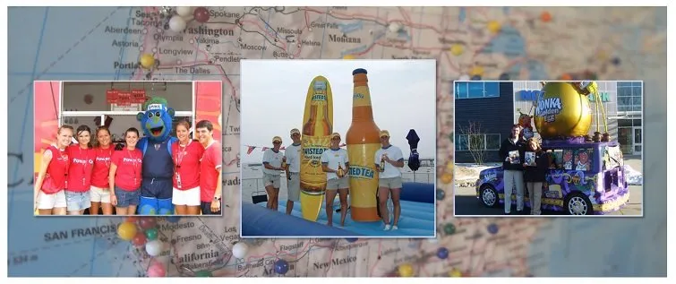 Collage of brand ambassadors and event staff members across various national promotional campaigns overlaid on a United States map background - Encore Nationwide