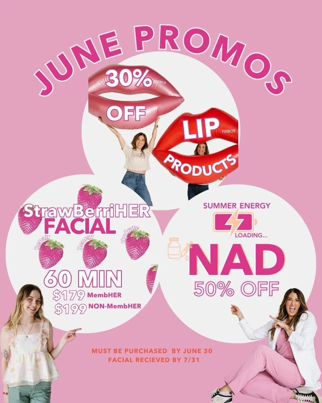 June promos just dropped and we went ALL out 🍓⚡💋

⚡ NAD+ &mdash; cellular energy, mental clarity, and vitality in a vial. Summer battery: recharged.
&rarr; 1 Vial $200 &middot; 2 Vials $350 | 50% OFF

🍓 StrawBerriHER Facial &mdash; a 60-min treatm
