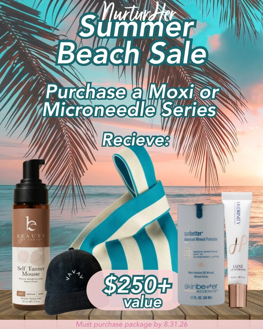 ☀️ SUMMER BEACH SALE is HERE ☀️

Treat your skin AND your beach bag 👜 Book a Moxi or Microneedle Series this summer and we&rsquo;ll send you off with a beach bundle worth $250+ 🤍

Your glow-up gift includes:
🧴 Beauty by Earth Self Tanner Mousse
🧢