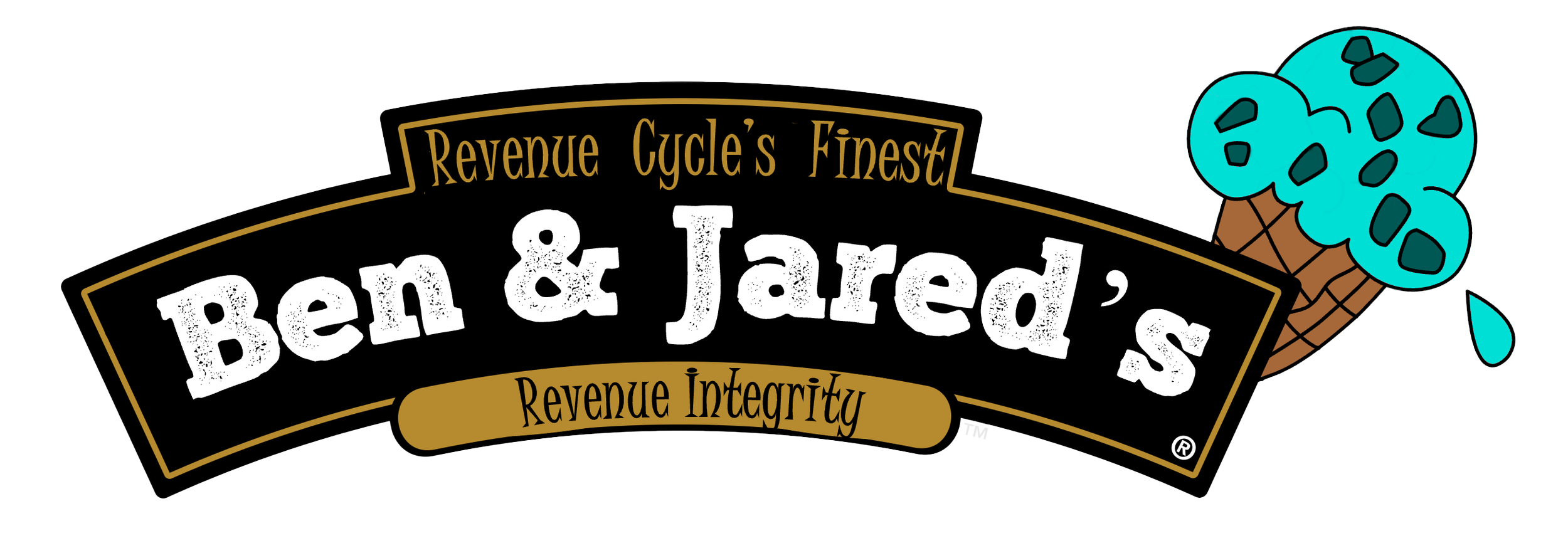 Ben & Jared's logo featuring a black banner with gold accents, blue cotton candy on a stick, and text stating 'Revenue Cycle's Finest,' 'Revenue Integrity.'