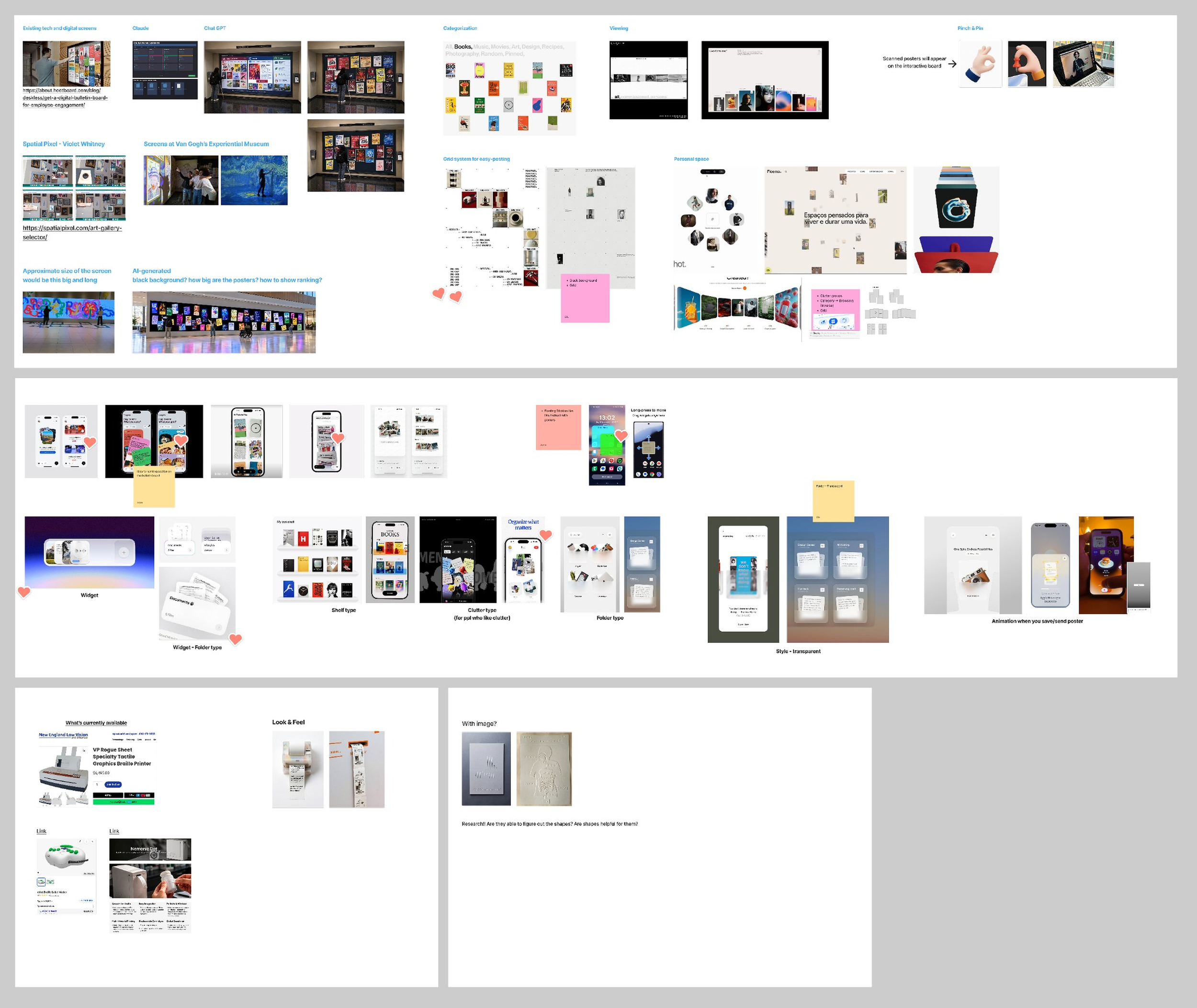 Collection of visual references and early explorations for the board, mobile widgets and braille takeaways.