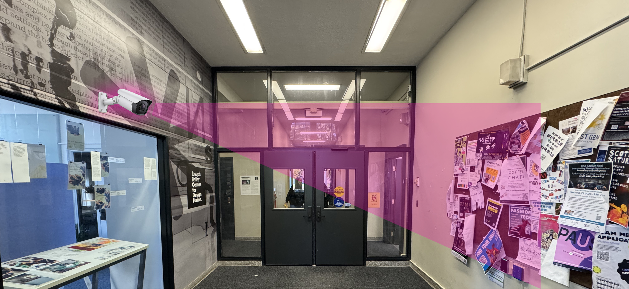 Photo of the Margaret Morison entrance with a pink highlight marking the camera range that would scan and upload new posters on the bulletin board digitally to the CUC interactive bulletin board.