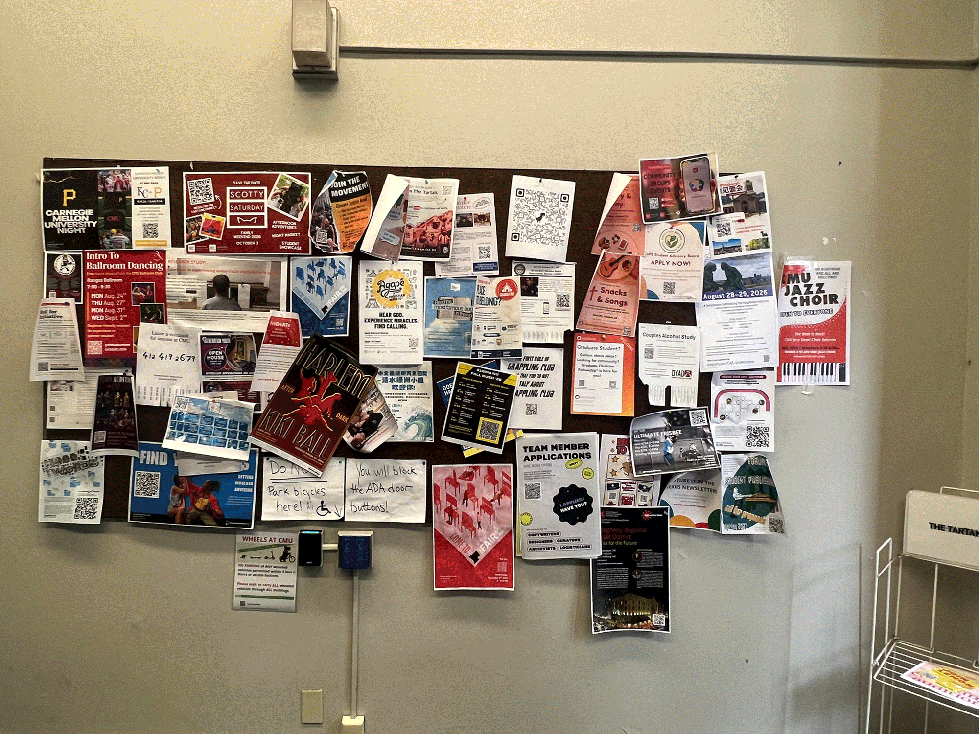Images rotating through crowded campus bulletin boards covered in overlapping paper posters.