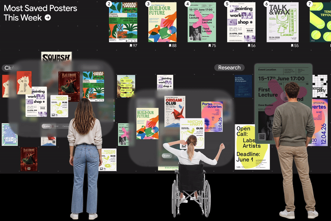 Three students at the interactive board, one using a wheelchair, each with their own personalized space of posters, under a row of Most Saved Posters This Week.