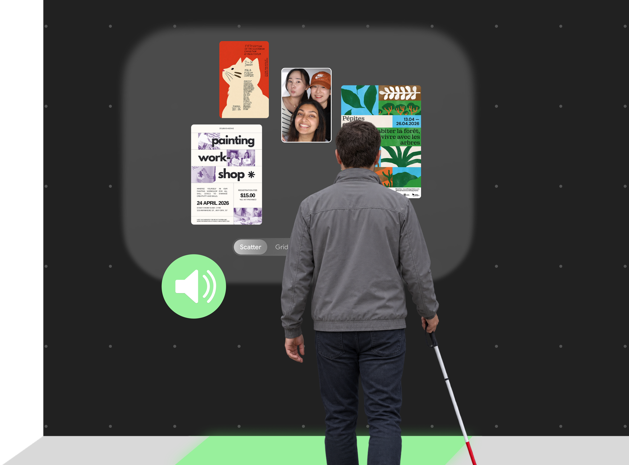 A visually impaired student with a cane at the board, with an audio icon showing a spoken summary of nearby posters.