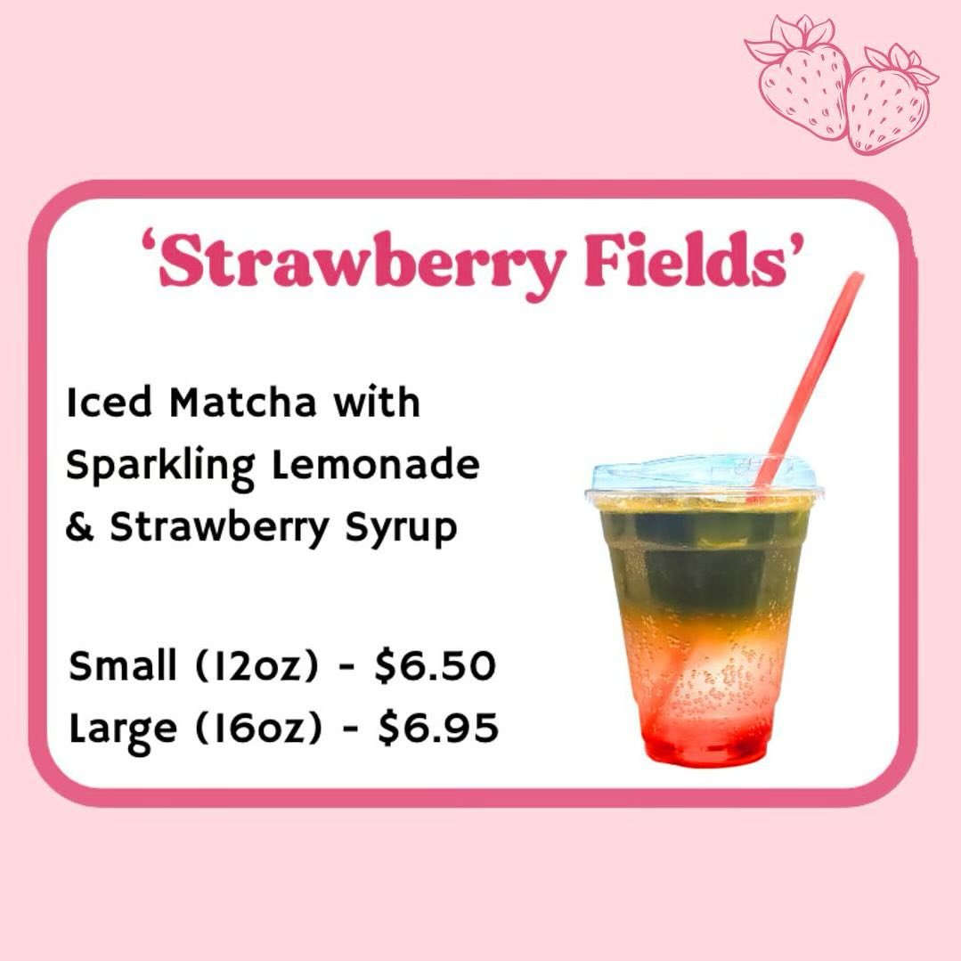 Sipping on sunshine 🍓☀️ Introducing the Strawberry Fields: a blissful blend of iced matcha, sparkling lemonade, and a swirl of strawberry syrup!