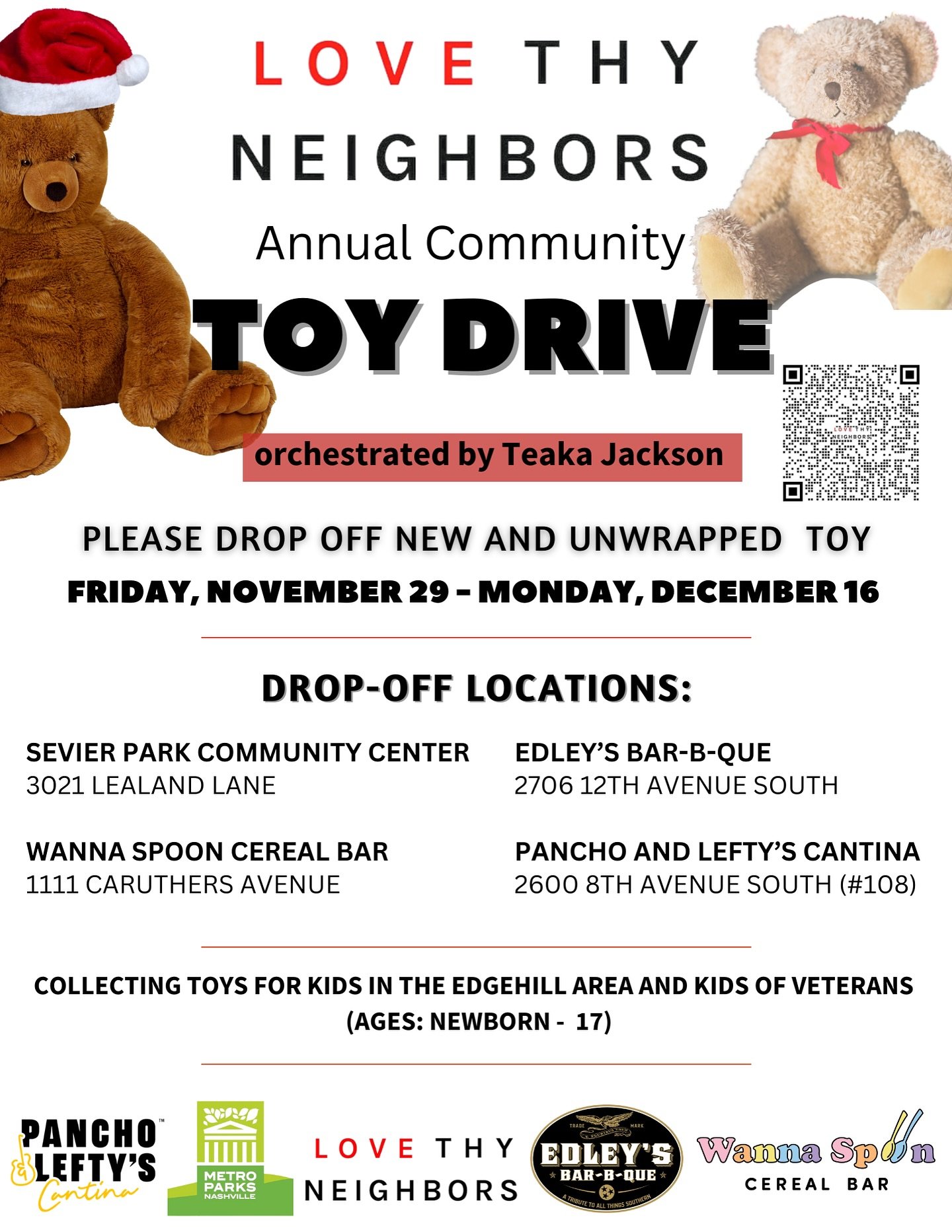 The season of giving is here 🎁✨

Love Thy Neighbors works year-round to support underserved communities through food/supply drives, education, mentorship, and advocacy.

A donation box will be inside Wanna Spoon for anyone who wants to contribute. Y