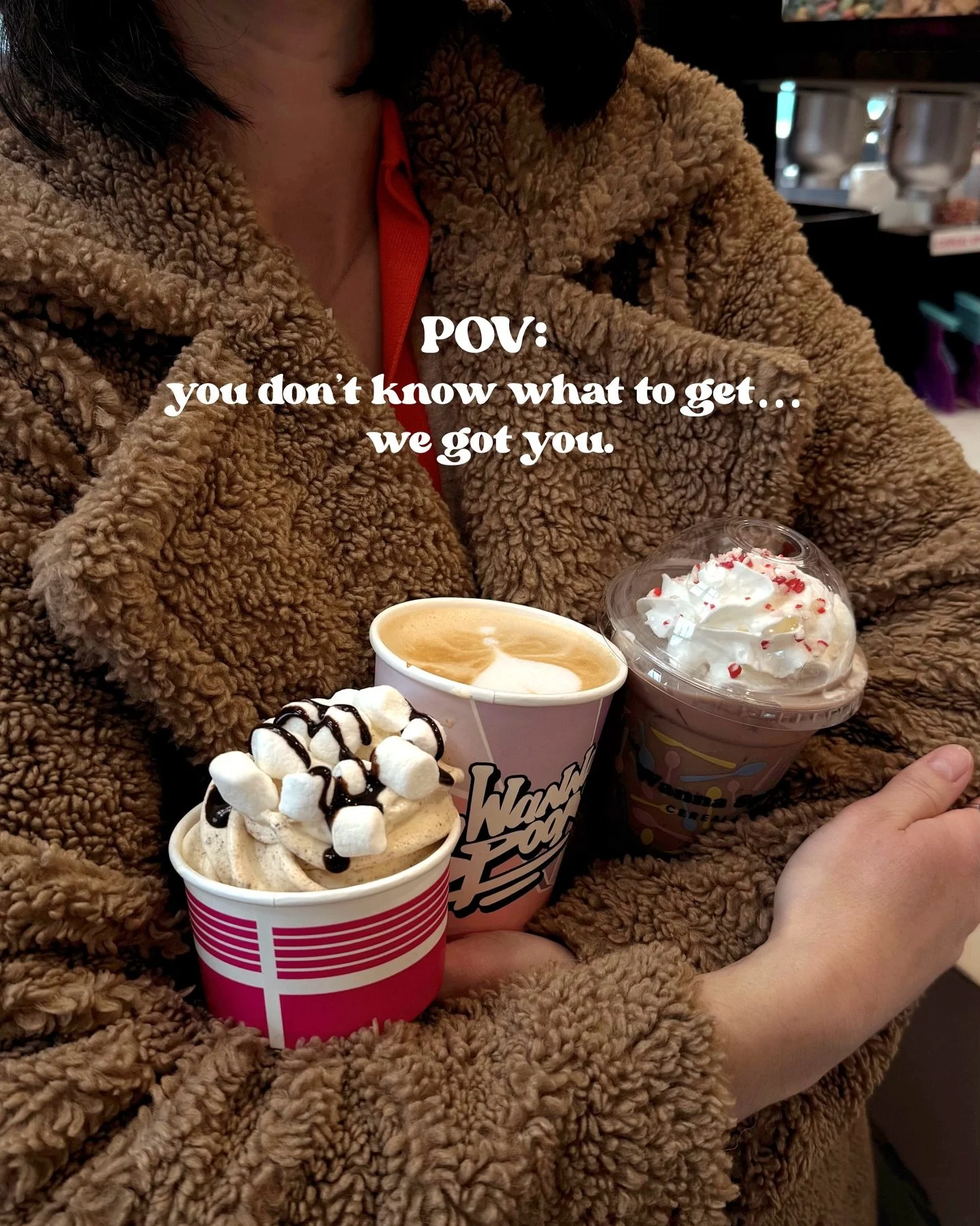 Choose your character at Wanna Spoon:

Cozy = Cookie Butter Cuban (only available for a limited time) ☕️
Sweet tooth = S&rsquo;more Please Ice Cream Swirl 🍦
Main character = Feelin&rsquo; Lucky or The Rainbow 🌈

Comment your vibe and we&rsquo;ll te