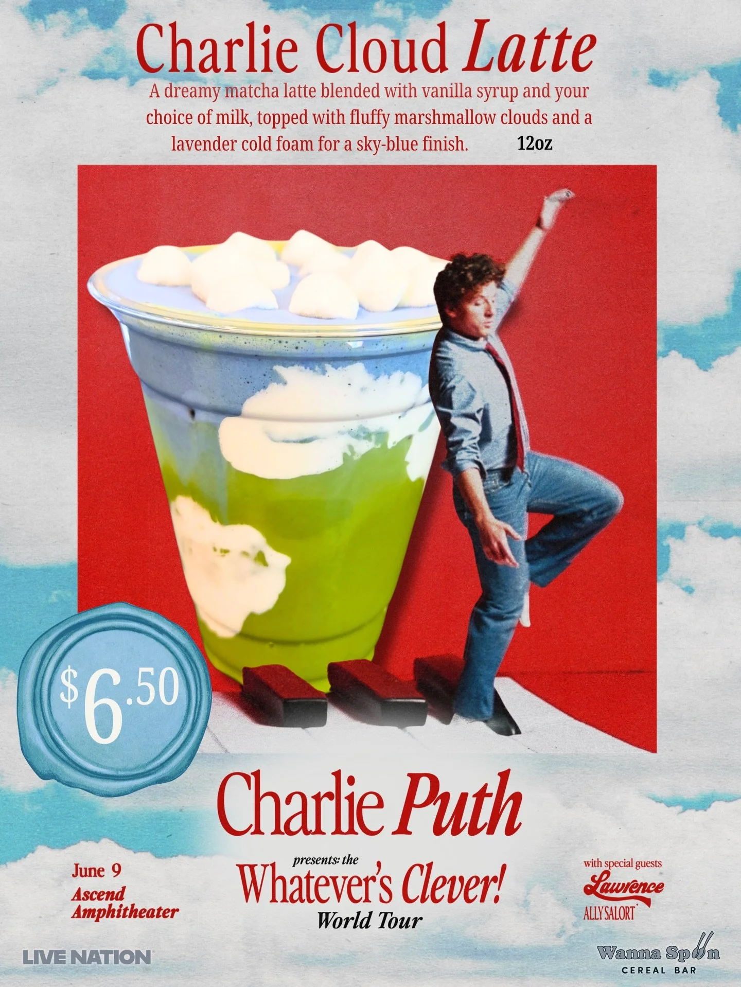 Head in the clouds ☁️💙

Introducing the Charlie Cloud Latte in collaboration with @charlieputh and @livenationtn ✨ A dreamy matcha latte blended with vanilla syrup, topped with fluffy marshmallow clouds and lavender cold foam for the perfect sky-blu