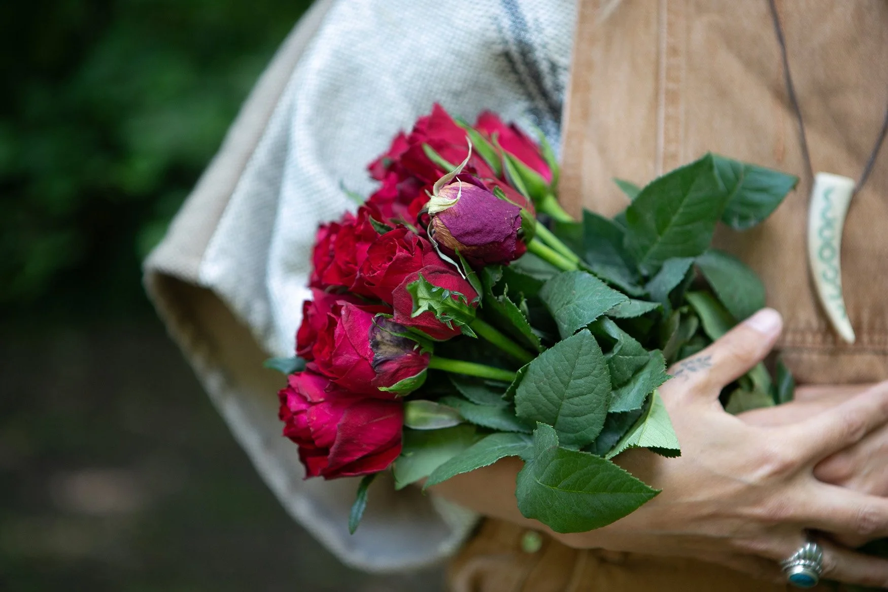 Person holding a bouquet of red roses and green leaves, with a background of greenery.