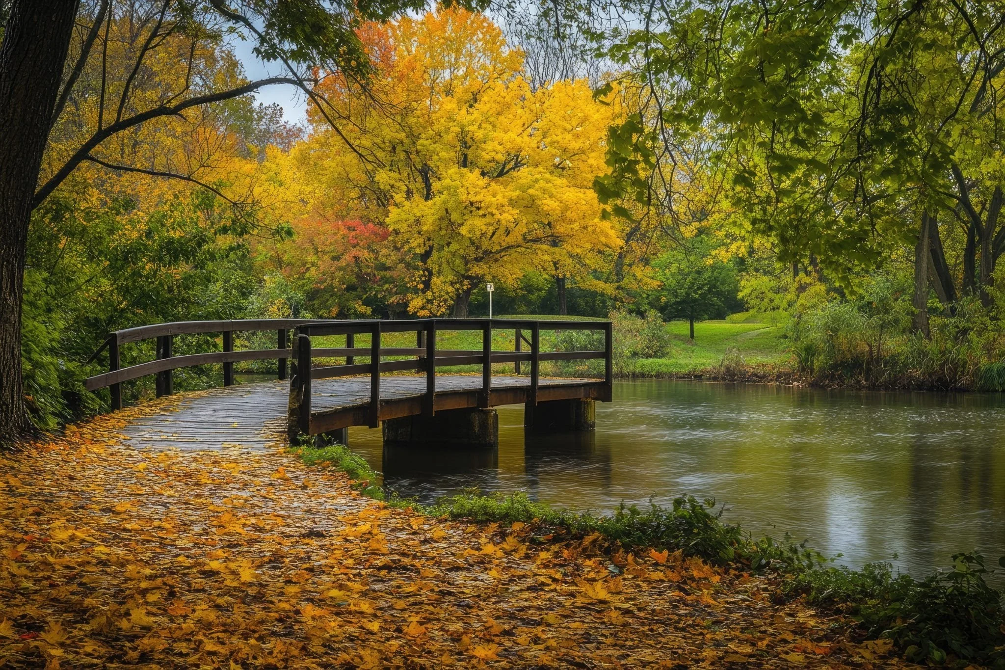 fall, trees and bridge over river in Westfield, NJ