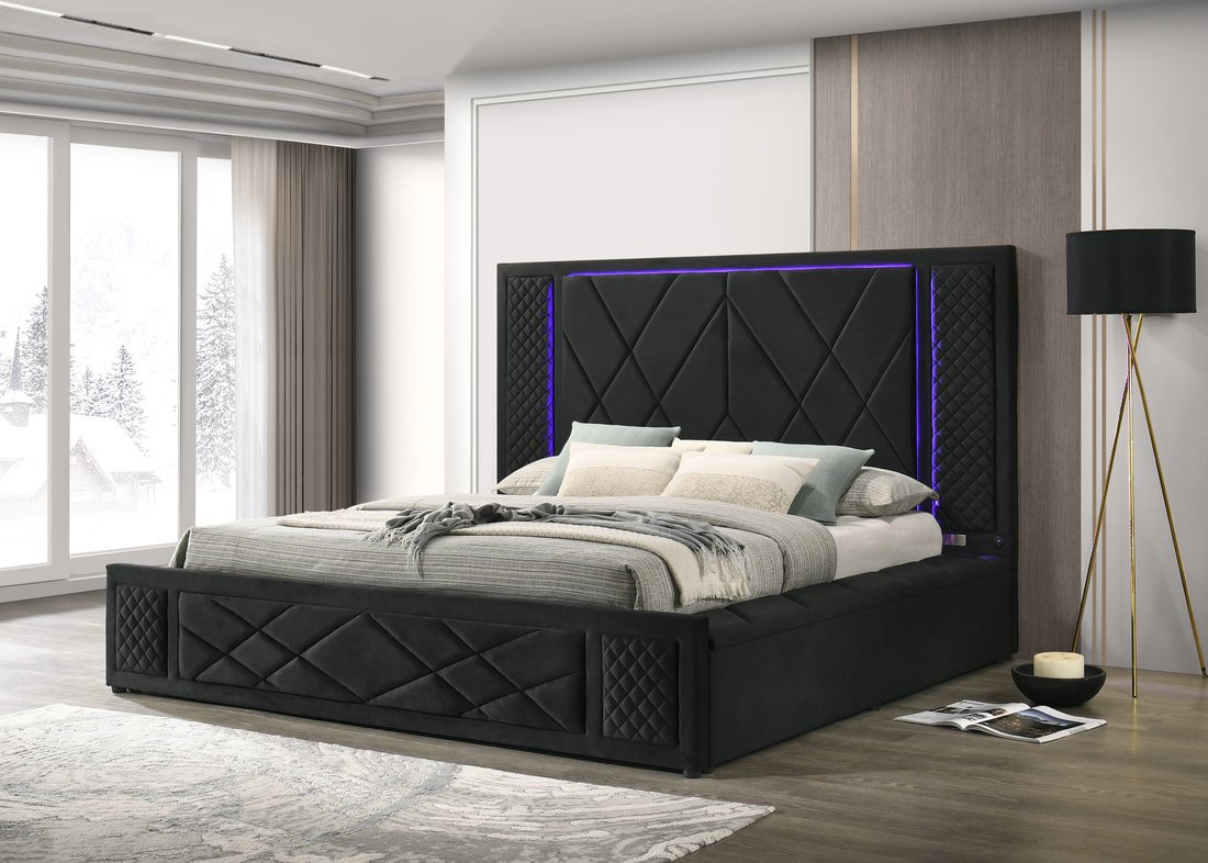 Lorenzo Black Platform Bed (w/ LED LIGHTS & BLUETOOTH SPEAKERS) - Queen, King **NEW ARRIVAL**