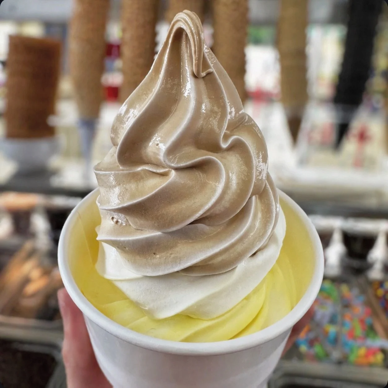 Cake batter + salted caramel soft serve🍦 who&rsquo;s tried this combo?
