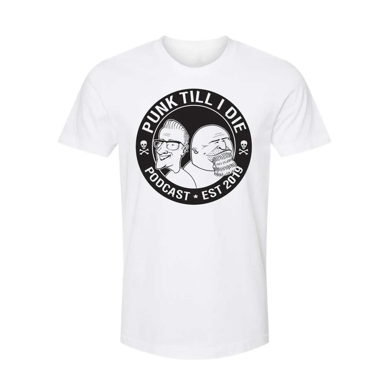 White T-shirt with black circular logo featuring cartoon portraits of two men and the text 'Punk till I die podcast EST 2019'