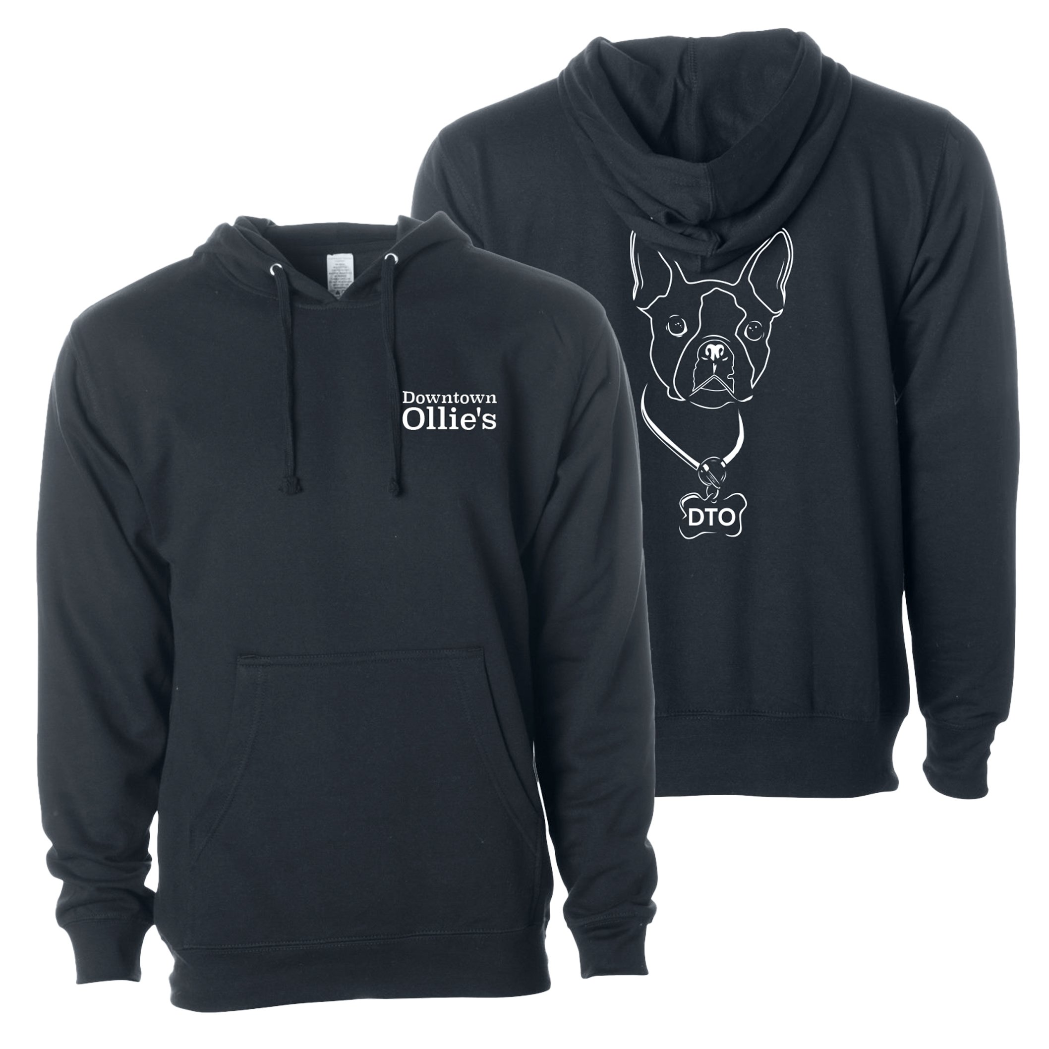 Two black hooded sweatshirts with graphic designs, one with text 'Downtown Ollie's' and the other with an outline drawing of a dog wearing a collar with a dog tag labeled 'DTO'.