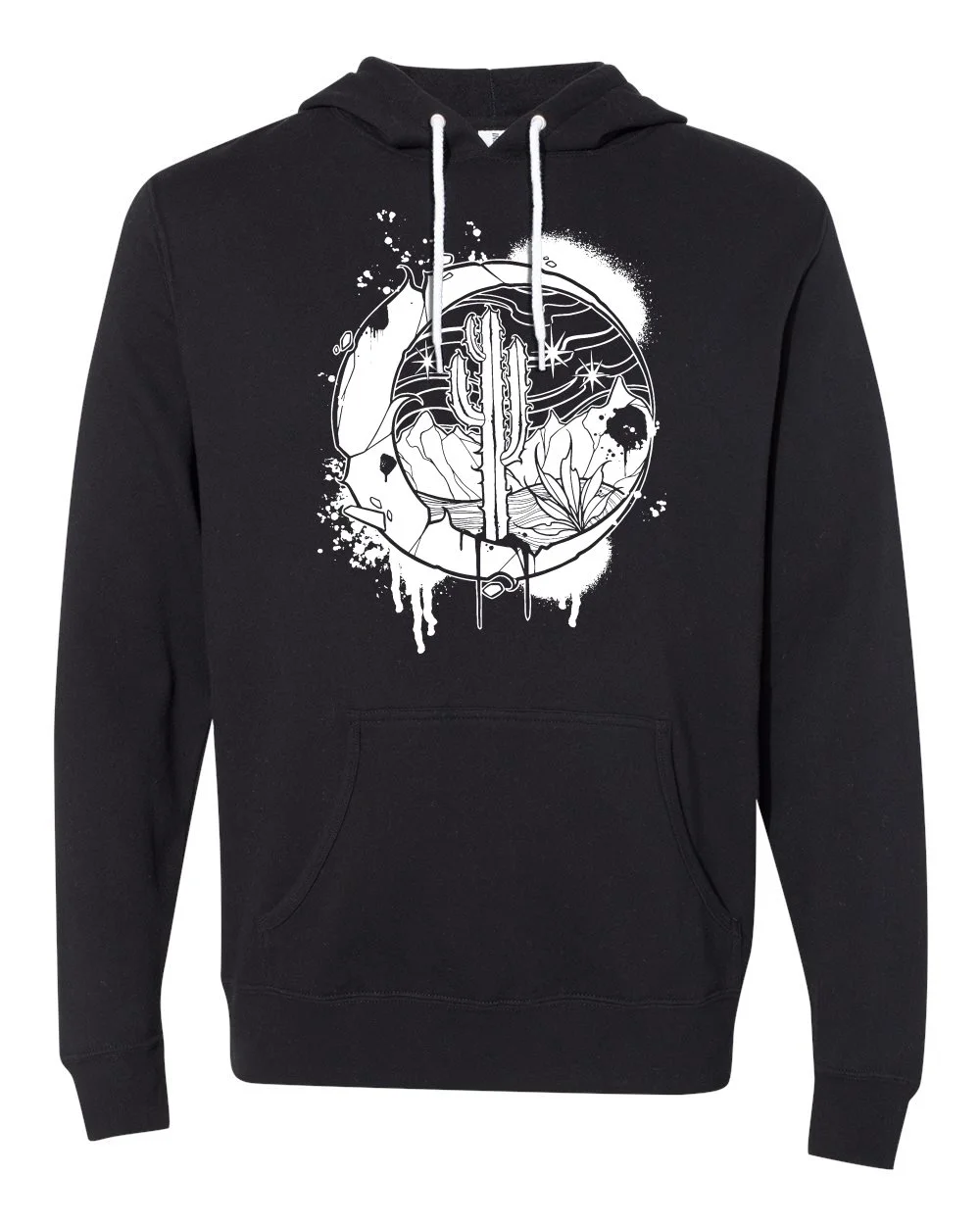 Black hoodie with a white graffiti-style circular design featuring a mountain, plant, and abstract elements.