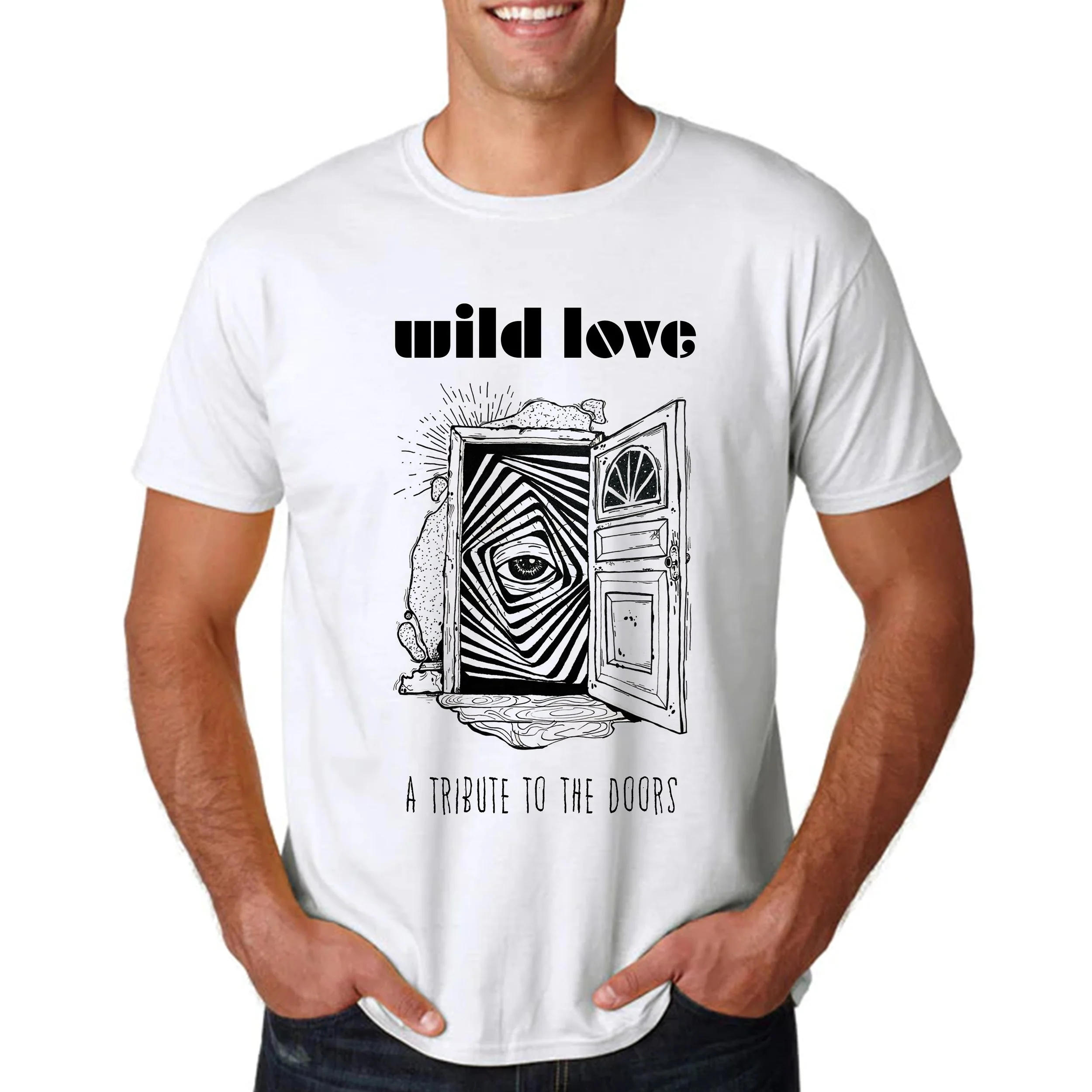 White T-shirt with the words "wild love" and a drawing of a door with an eye inside, opening to a dreamlike scene, and the phrase "A tribute to the Doors."